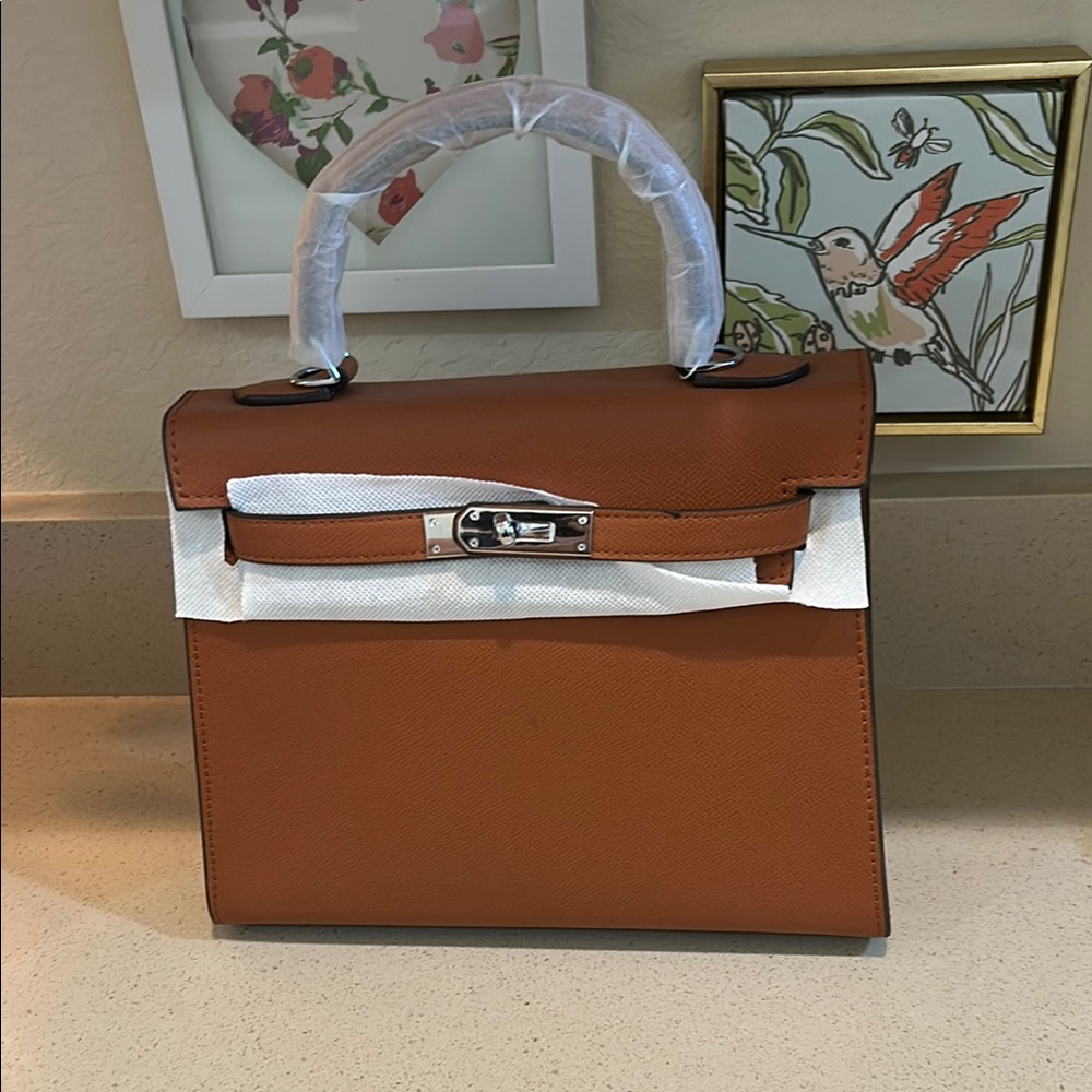 Tan Structured Leather Satchel with Silver Hardware